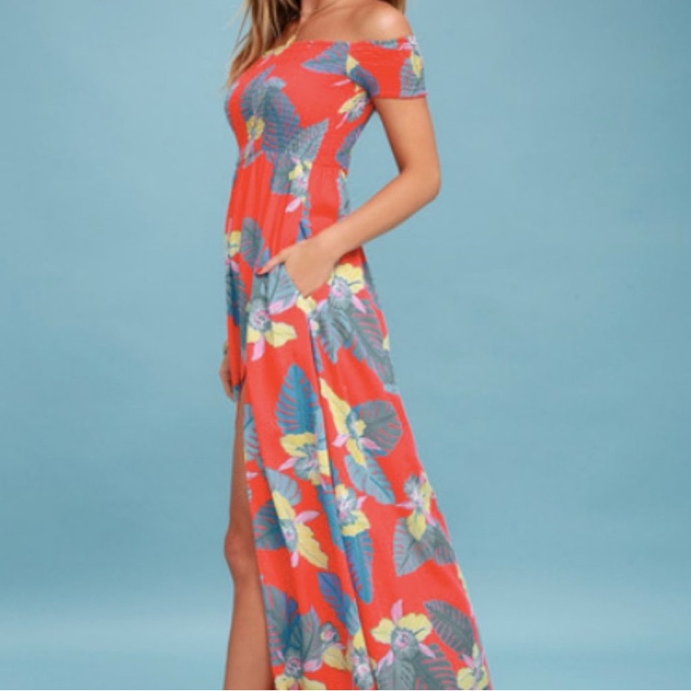 Lulus Exclusive Patsy Coral Red Floral Print Off-the-Shoulder Dress